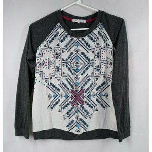 Jolt Women's White Blouse With Gray Sleeves & African Design Size Small